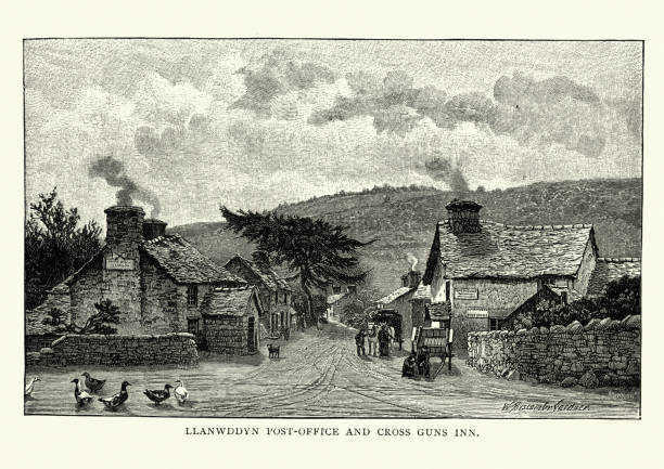 Vintage engraving of Post-office and Cross Guns Inn, Llanwddyn, Montgomeryshire, Powys, Wales 19th Century. Which was lost with the flooding of the river valley after the Vyrnwy dam was completed in 1888