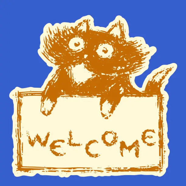 Vector illustration of Cute fur friendly cat with tablet welcome. Vector illustration.