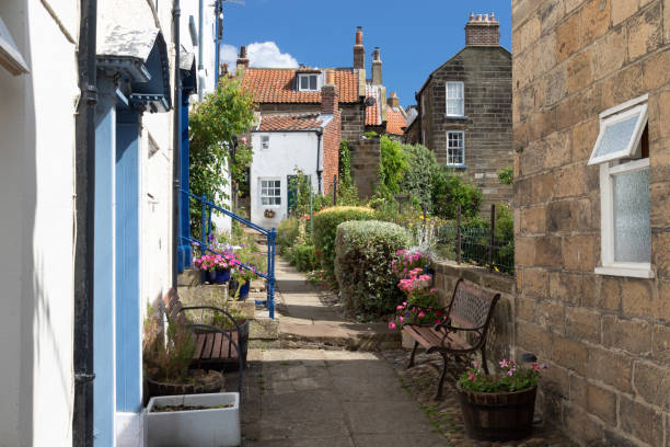 stretta corsia pedonale e case a schiera nel villaggio inglese di pescatori robin hoods bay - robin hoods bay foto e immagini stock