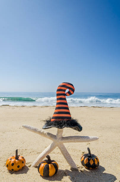 istock Halloween background on the beach with starfishes in witch's hats 1037012892