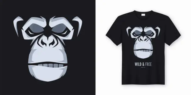 Vector illustration of Vector t-shirt and apparel design, print, poster with styled face of a chimp ape.