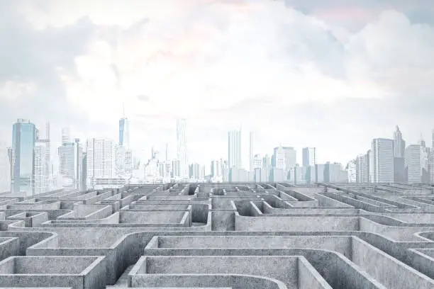 Giant maze with gray walls in a city with skyscrapers and a cloudy sky. Concept of choice in business and life. 3d rendering mock up