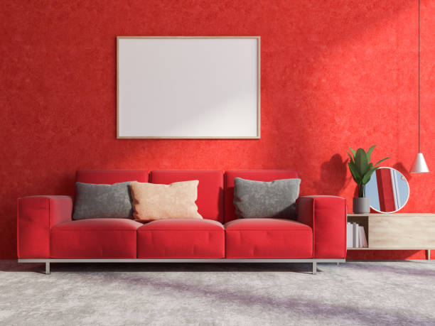 istock Red wall living room interior, sofa and poster 1037032718