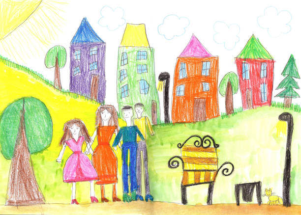 ilustraciones, imágenes clip art, dibujos animados e iconos de stock de hijo dibujo feliz paseo familiar al aire libre juntos - domestic cat city life animal pets