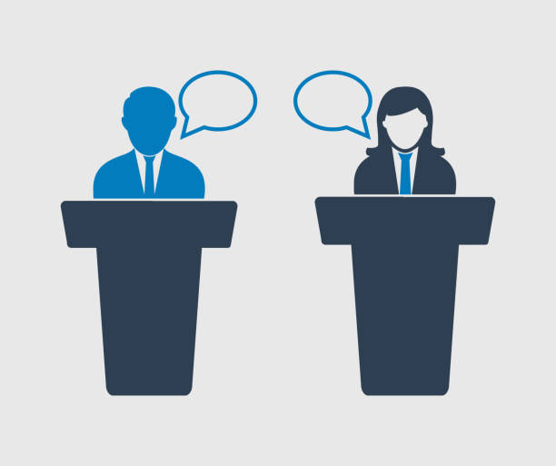 ilustrações de stock, clip art, desenhos animados e ícones de debate  between male and female icon on gray background - interface icons election voting usa