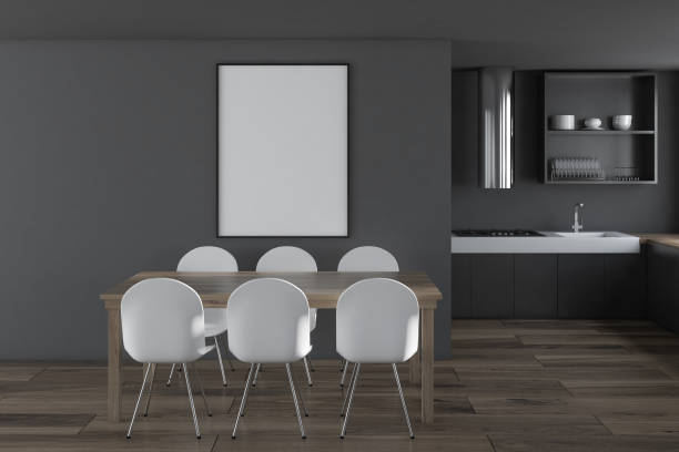 istock Gray dining room, wooden table and poster 1037039742
