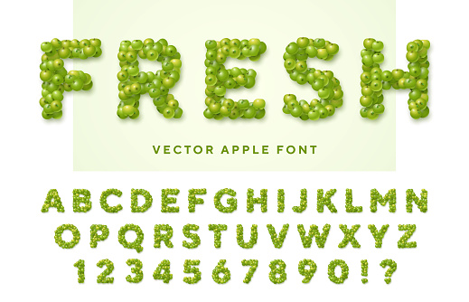 Fresh vector font made of green apples. Latin alphabet from A to Z and numbers from 0 to 9. English capital letters