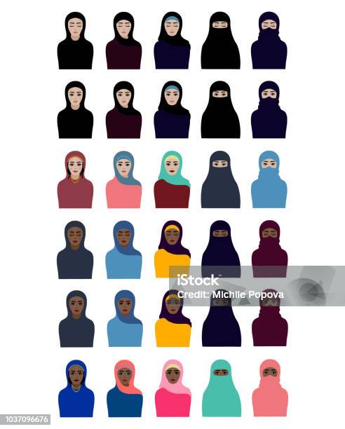 Set Van Moslimvrouwen In De Hijab Burka En Niqab Stockvectorkunst en meer beelden van Burka - Burka, Nikab, Volwassen vrouwen