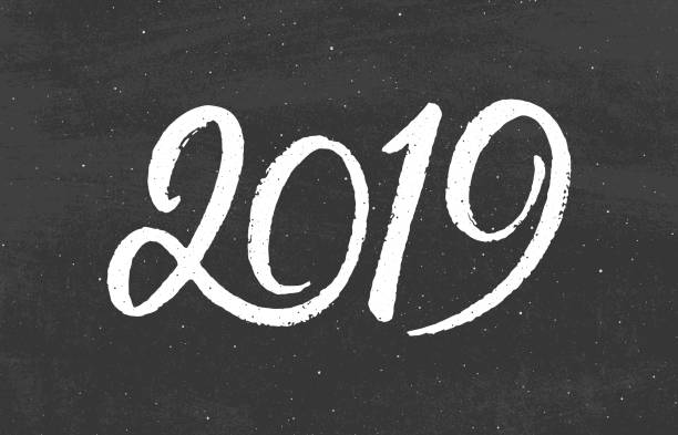 istock Happy New Year 2019 greeting card design with typography text on black chalkboard background. Vintage vector illustration with hand drawn lettering for Chinese Year of the Pig. 1037156058