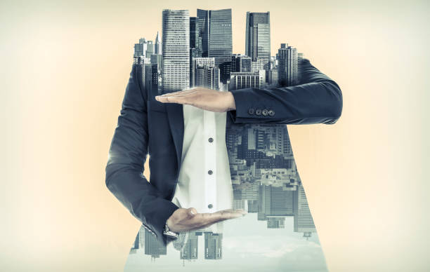 istock Surreal businessman open hand for your text. 1037188212