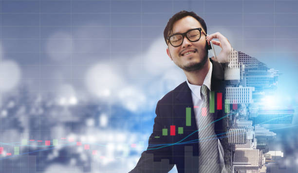 istock Double exposure businessman using mobile phone. 1037188378