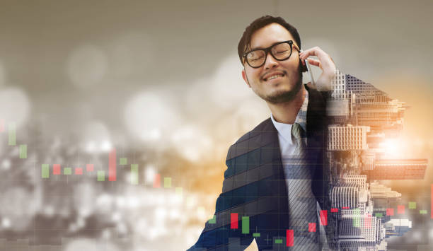 istock Double exposure businessman using mobile phone. 1037188394