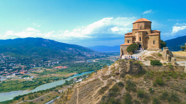 aerial view of jvari monastery, georgia - mtskheta imagens e fotografias de stock