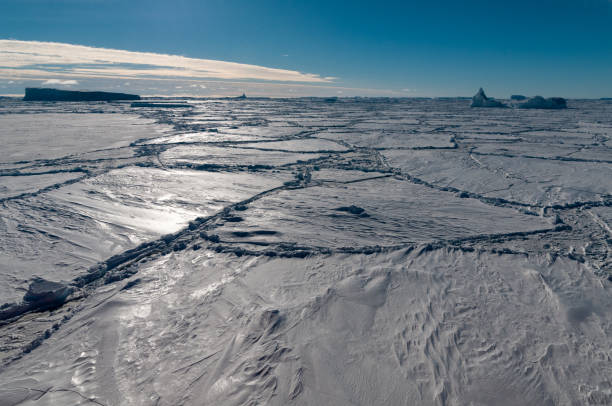Thick snow-covered pack-ice and trapped icebergs, Antarctica
