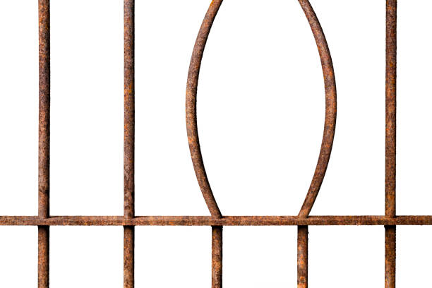 istock Broken old prison rusted metal bars isolated on white background 1037234580