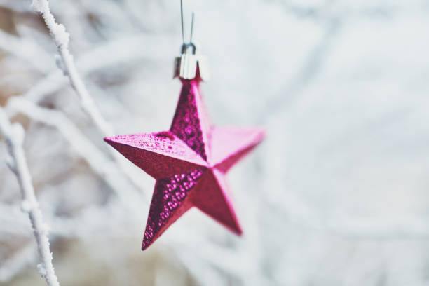 Pink star Christmas ornament in nature during snowfall