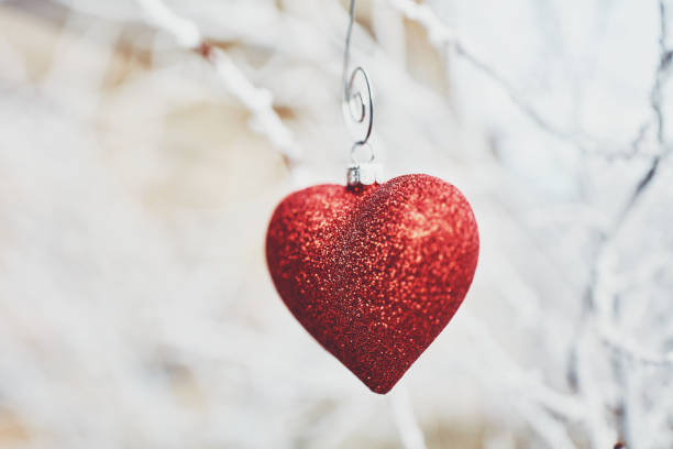 istock Heart shape Christmas ornament on snow covered branches 1037250372