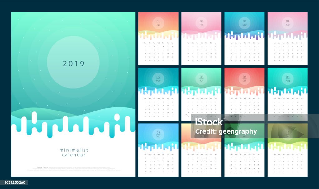 Calendar 2019 Trendy Gradients With Pastel Color Style. Set of 12 pages desk calendar. Vector design printing template Calendar stock vector