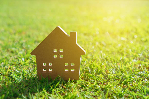 Closed up tiny home model on green grass with sunlight background.