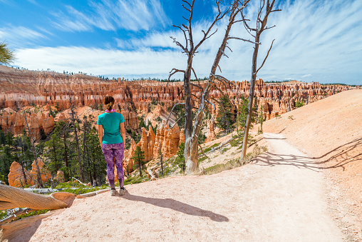 Hiker woman in Bryce Canyon hiking looking and enjoying view during her hike. Bryce Canyon National Park landscape, Utah, United States.