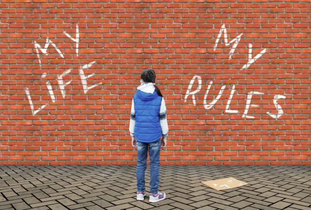 Little Girl Wrote With A Chalk On A High Brick Wall Text My Life My Rules  Stock Photo - Download Image Now - iStock