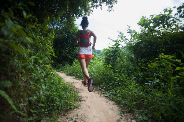 istock Young woman trail runner running on tropical forest trail 1037291704