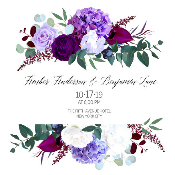 우아한 계절 어두운 꽃 벡터 디자인 웨딩 프레임 - cut flowers rose purple flower arrangement stock illustrations