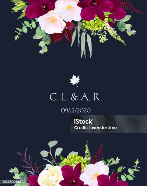 Luxury Fall Flowers Vector Design Navy Blue Frame Stock Illustration - Download Image Now - Flower, Invitation, Rose - Flower