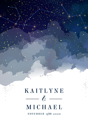 Magic night dark blue sky with sparkling stars vector wedding invitation. Andromeda galaxy. Gold glitter powder splash background. Golden scattered dust. Midnight milky way. Watercolor painting card.