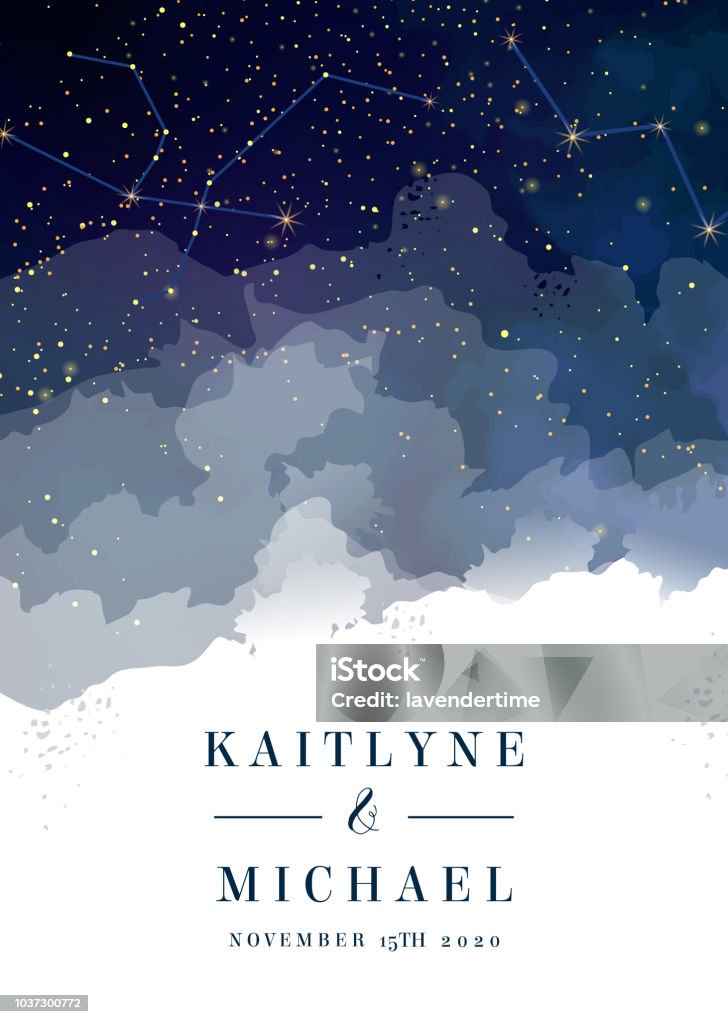 Midnight milky way. Watercolor painting card. Magic night dark blue sky with sparkling stars vector wedding invitation. Andromeda galaxy. Gold glitter powder splash background. Golden scattered dust. Midnight milky way. Watercolor painting card. Star - Space stock vector