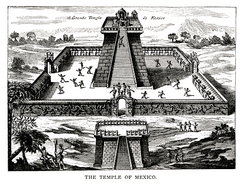 Woodcut of the Aztec Grand Temple at Tenochtitlan, modern day Mexico City. Dedicated to Huitzilopochtli (Vitsli-putsli), the war and sun god, and Tlaloc, the rain god. Plaza of Tenochtitlan after engraving from Historia de Nueva España, 1770 by Hernán Cortés.