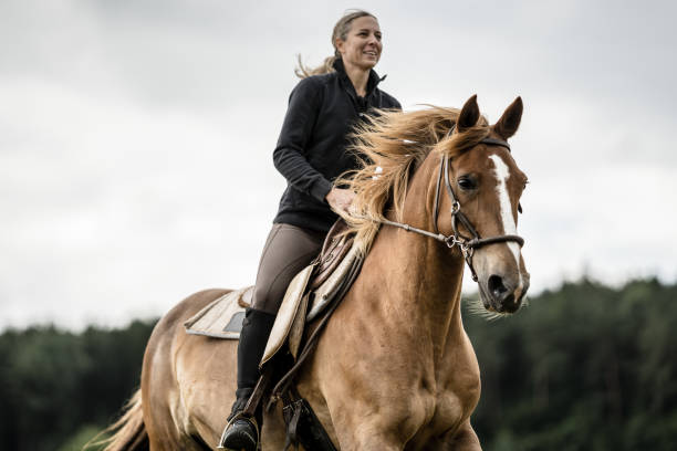 woman riding horse dramatic sky - mounted imagens e fotografias de stock