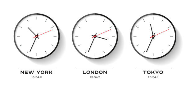 istock World time. Simple Clock icons in flat style. New York, London, Tokyo. Watch on white background. Business illustration for you presentation. Vector design objects. 1037339976