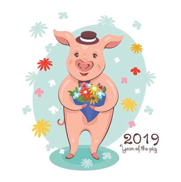 2019 Year of The Pig Greeting Card vector art illustration