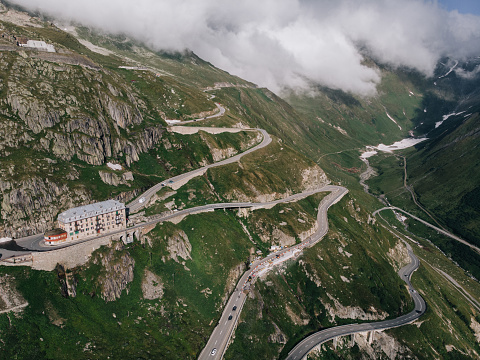 Aerial view of hotel on Furka Pass in Swiss Alps