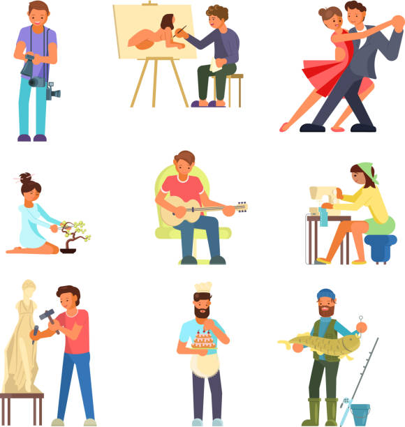 People and their hobbies vector flat illustration Group of people enjoying their hobbies vector flat illustration. Photography painting, dancing, playing guitar, bonsai, sewing, sculpting, cake making and decorating, fishing. sculptor photos stock illustrations