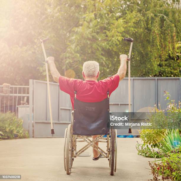 Senior In A Wheelchair Cheering Victoriously Stock Photo - Download Image Now - Celebration, Cheering, Wheelchair