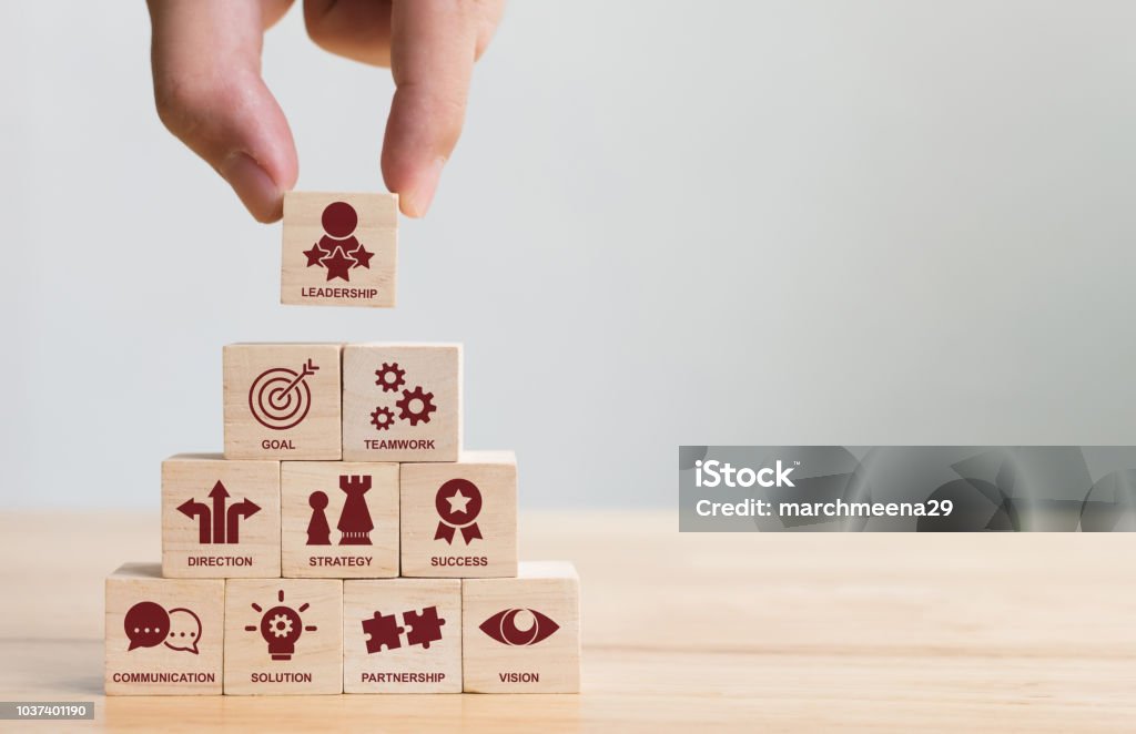 Hand arranging wood block stacking with icon leader business. Key success factors for leadership elements concept Leadership Stock Photo