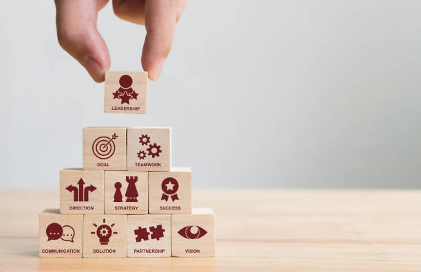 Hand arranging wood block stacking with icon leader business. Key success factors for leadership elements concept Hand arranging wood block stacking with icon leader business. Key success factors for leadership elements concept key photos stock pictures, royalty-free photos & images