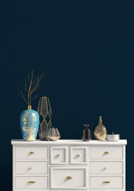 Modern interior with dresser. Wall mock up. 3d illustration.