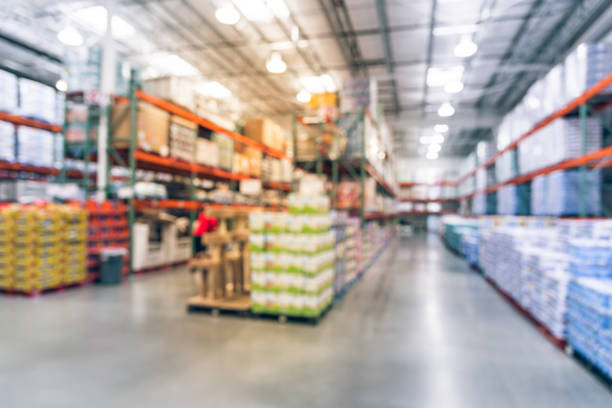 Blurry background huge warehouse at wholesale store in America stock photo