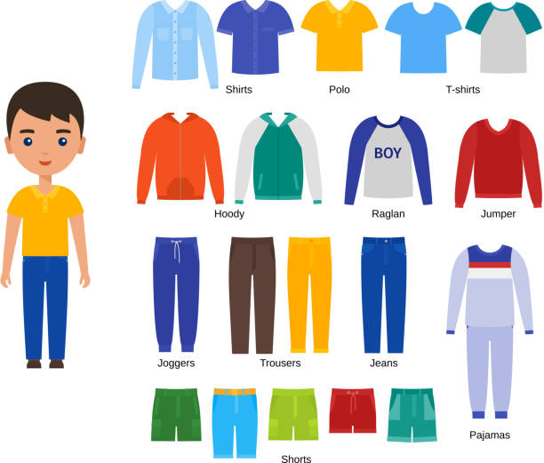 Boy clothes. Vector illustration. Baby clothing set in flat design. Boy with clothes. Vector. Baby clothing. Cartoon character paper doll with casual cloths set isolated on white background. Illustration of children pants, shirts, shorts, knitwear and pajamas. kids tshirt stock illustrations