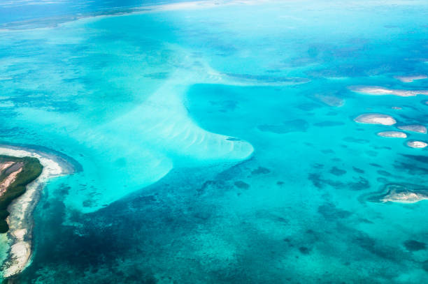 Aerial view of Los Roques archipielago with its coral reefs and turquoise waters, example of paradise islands (Venezuela)