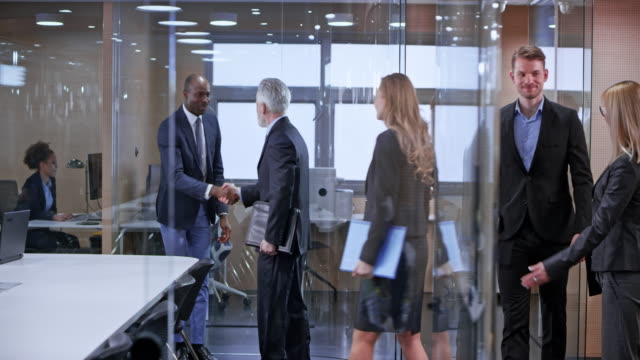 DS Business people shaking hands in the glass conference room upon arrival