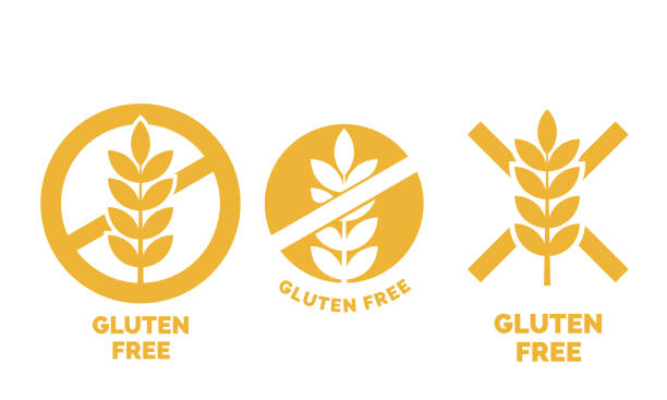 ilustraciones, imágenes clip art, dibujos animados e iconos de stock de establece etiqueta libre de gluten o sin trigo vector icono plantilla paquete de alimentos libres de gluten o productos dietéticos amarillo de signos - bread cereal plant black food