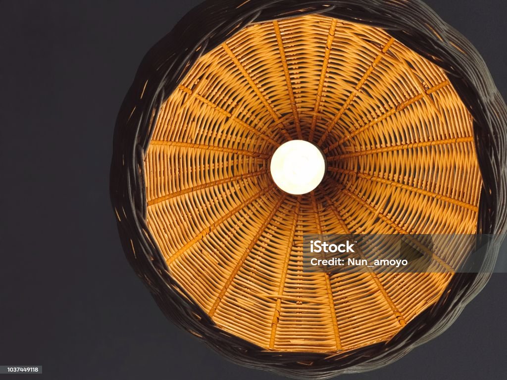 Light bulbs cover by natural bamboo weave handcrafted decoration in cafe shop, new ideas concept, thinking innovation, business solutions, copy space Chandelier Stock Photo