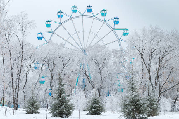 White ferris wheel on a blue pastel sky background