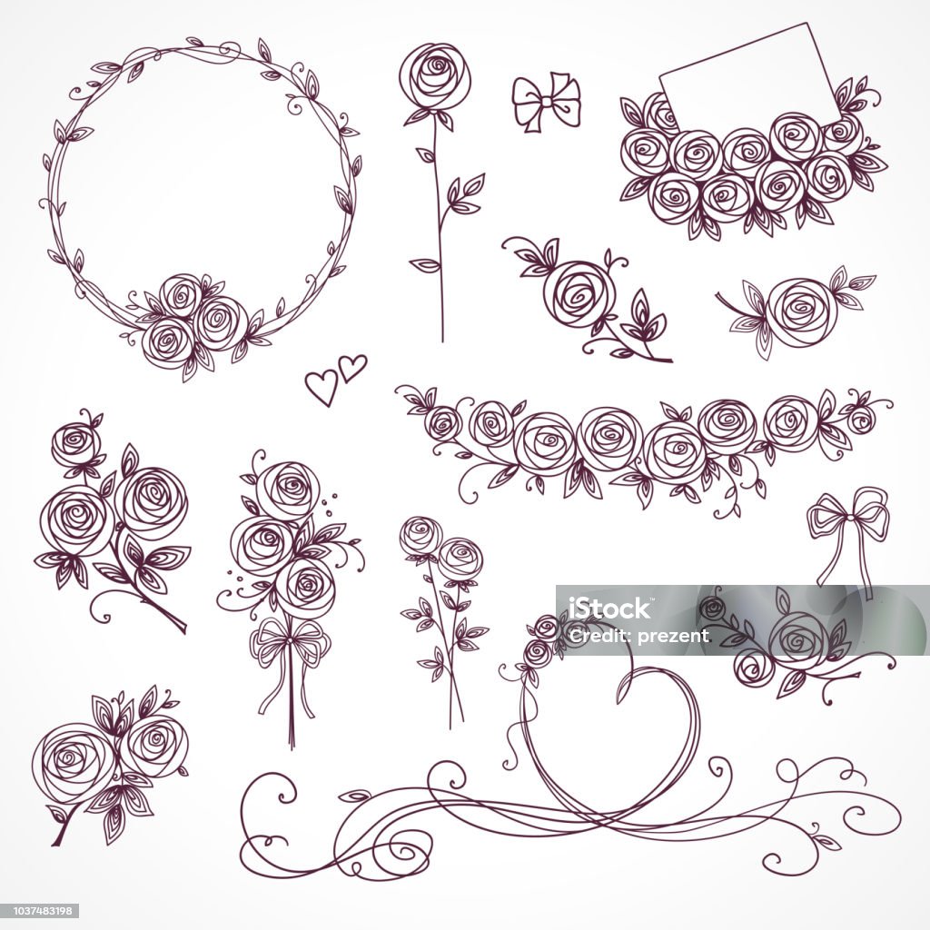 Set of floral design elements. Flower branch, wreaths, heart. Roses flowers. Wedding, birthday, valentines day concept Set of floral design elements. Flower branch, wreaths, heart. Roses flowers. Wedding birthday valentines day concept. Rose - Flower stock vector