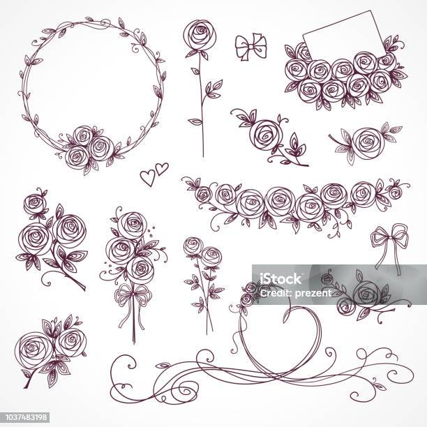 Set Of Floral Design Elements Flower Branch Wreaths Heart Roses Flowers Wedding Birthday Valentines Day Concept Stock Illustration - Download Image Now