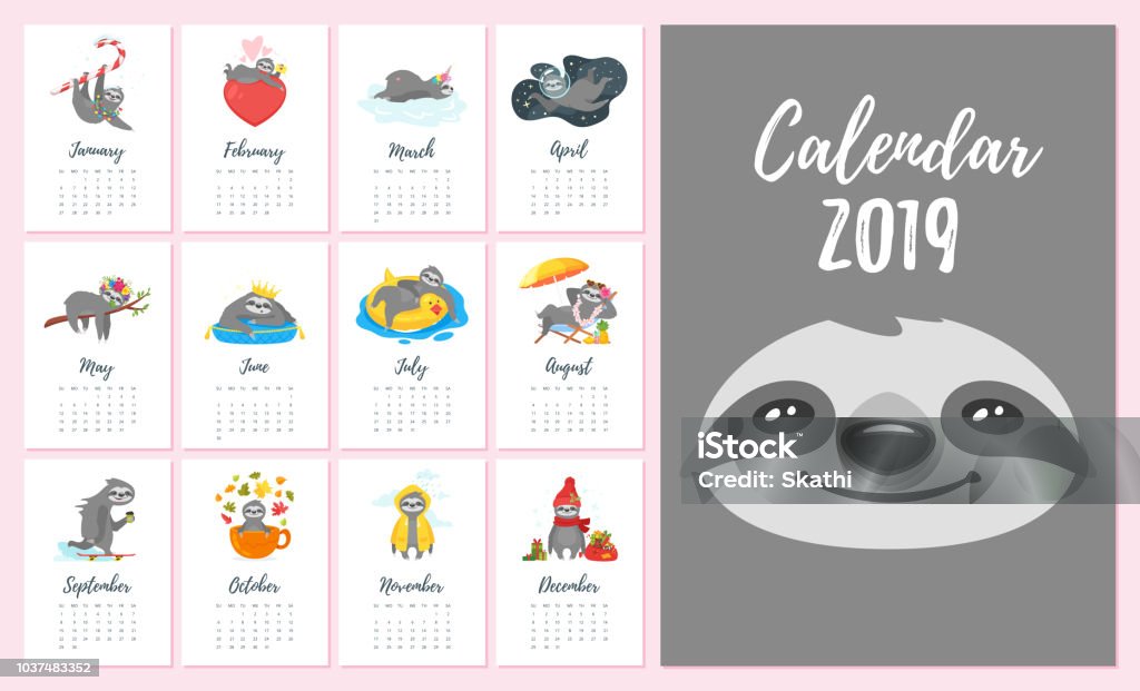 2019  year monthly sloth  calendar Vector cartoon style illustration of 2019  year monthly calendar. Template for print. Cute sloth character different activities and situations on every page. White background. Calendar stock vector